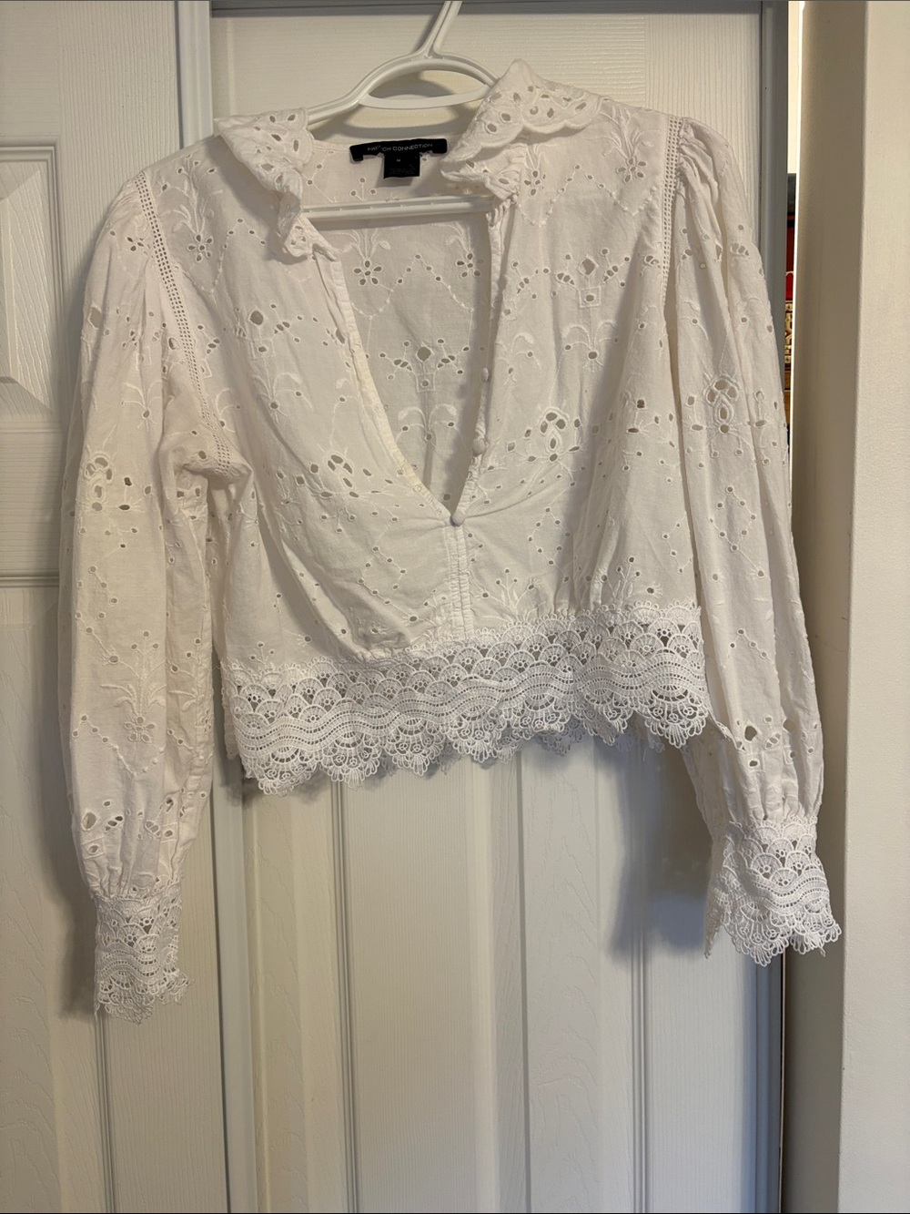 French Connection White Eyelet Lace V-Neck Blouse
